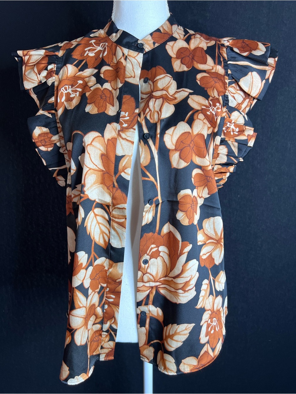 Express floral Ruffle Sleeve Button-Front Top - Black & Brown
